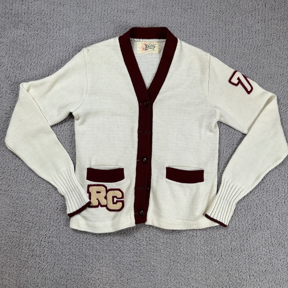 Vintage Whiting RC Varsity Cardigan Sweater Mens S Cream Burgundy Chenille Patch